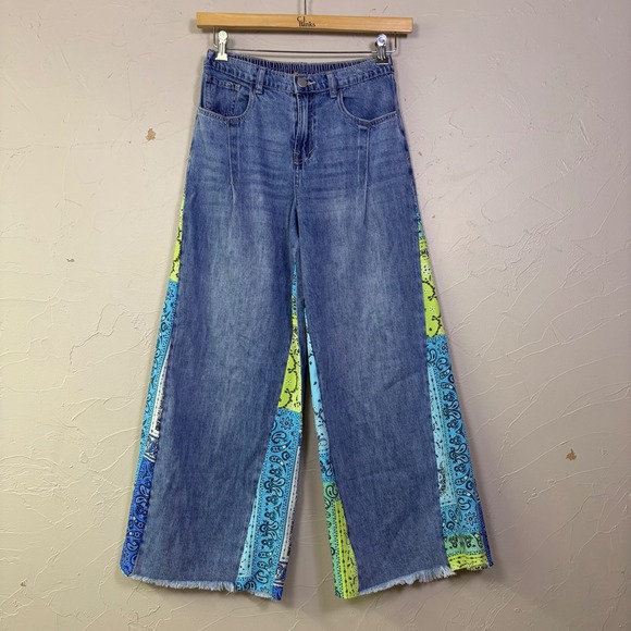 Sage + Fig Denim - Sage Fig Wide Leg Jeans Womens Small Blue Paisley Patchwork Pleated Raw Hem Boho